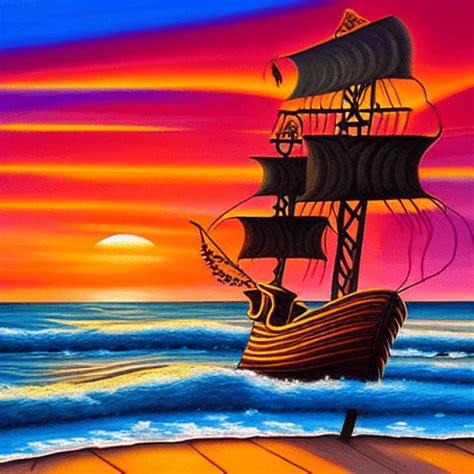 Vibrant Oil Painting Pirate Ship and Mermaid at Sunset · Creative Fabrica