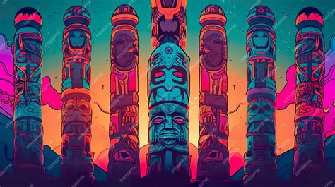 Premium AI Image | Native American totem pole ceremony Synthwave 80s ai generate