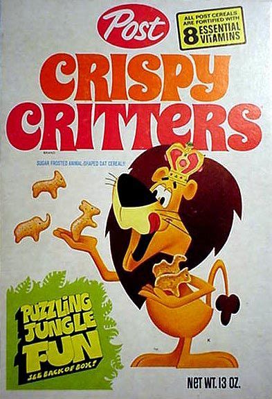 From Post, a box of Crispy Critters sugar frosted animal-shaped oat cereal. Description from ...