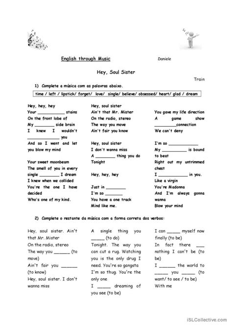 Song Hey Soul Sister- Train: English ESL worksheets pdf & doc