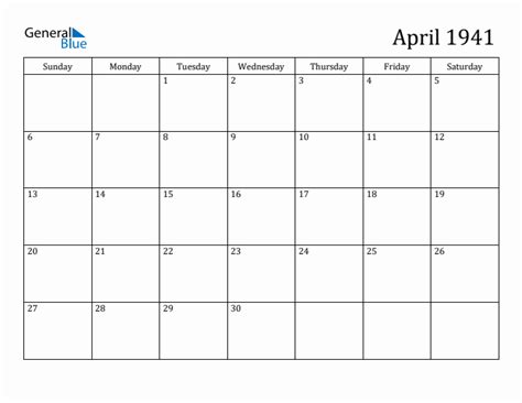 April 1941 Monthly Calendar (PDF, Word, Excel)