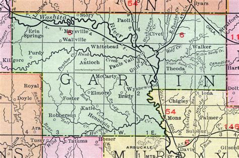 Garvin County, Oklahoma 1911 Map, Rand McNally, Pauls Valley, Wynnewood ...