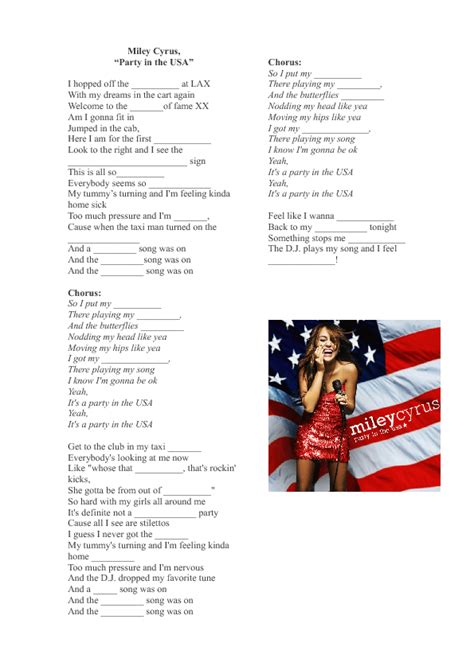 Song Worksheet: Party in the USA by Miley Cyrus