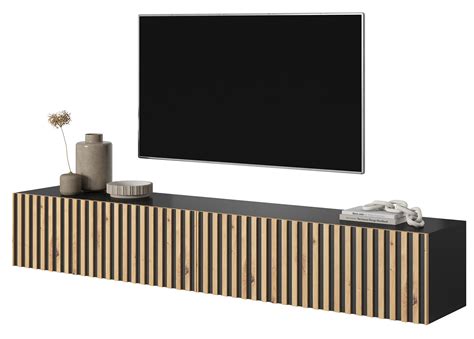 TELIRE Meuble TV 175 cm noir avec façade artisanale chêne fraisé - Selsey