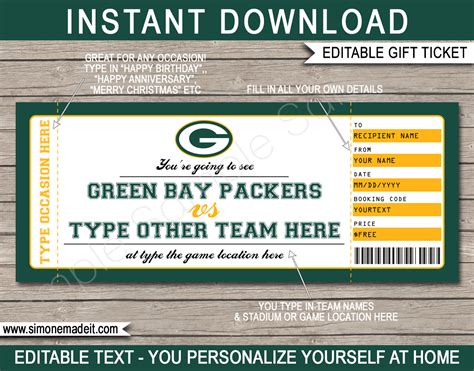 Green Bay Packers Game Ticket Gift Voucher | Printable Surprise Football Tickets