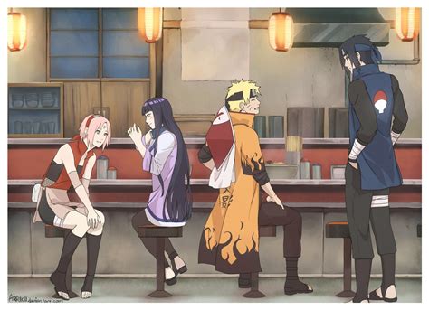 Hinata, Sakura, Naruto, and Sasuke standing in bar counter HD wallpaper ...