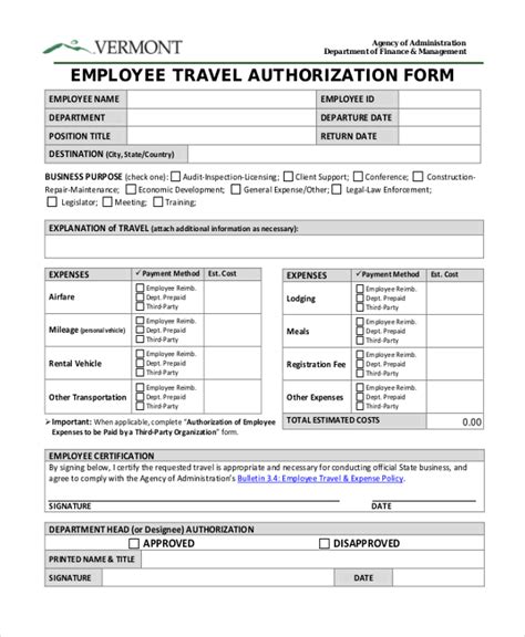 Travel Authorization Form Template