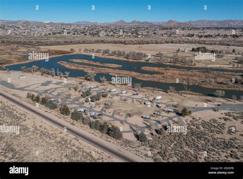 Snowbirds camp at the Mojave Narrows Regional Park Campground photographed by an aerial drone ...