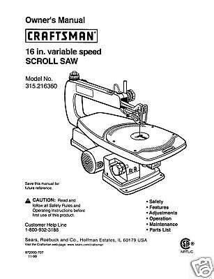 Craftsman 16 " Scroll Saw Manual Model 315 216360 | eBay