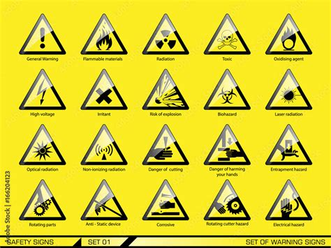 Set of safety warning signs. Signs of danger. Signs of alerts. Stock ...