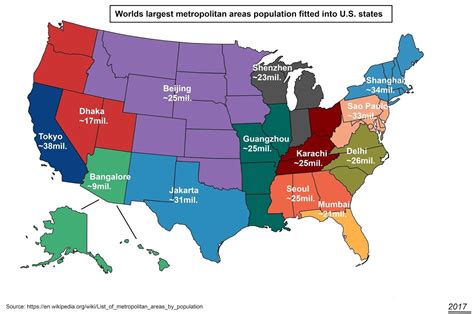 Worlds largest metropolitan areas population fitted into US states - Vivid Maps | Metropolitan ...