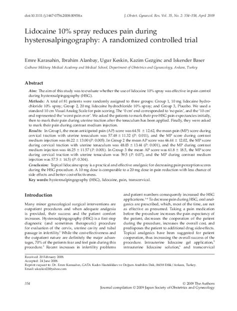 (PDF) Lidocaine 10% spray reduces pain during hysterosalpingography: A randomized controlled trial