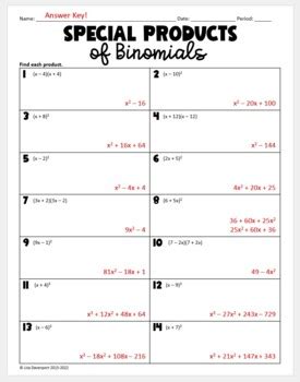 Special Products of Binomials - Algebra 1 Skills Practice Worksheet