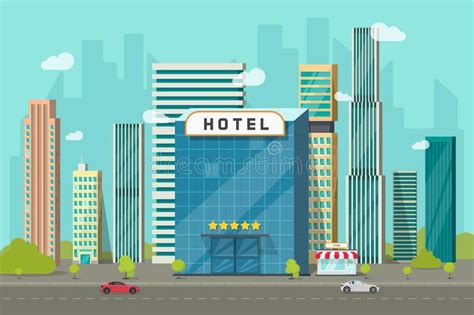 hotel building with cars on the road and skyscrapers in the background royalty illustration