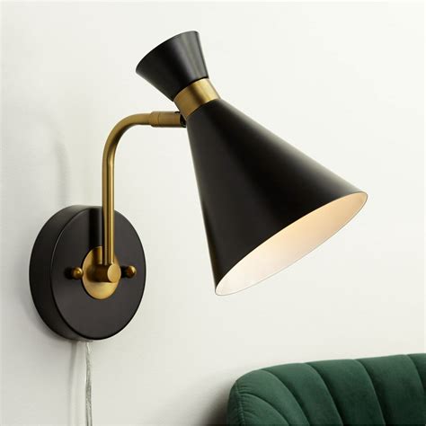 360 Lighting Mid Century Modern Wall Lamp Matte Black Brass Plug-In Light Fixture Adjustable ...