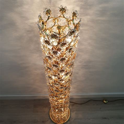 Glamorous gold-plated & crystal floor lamp by Palwa, 1960s | #116522