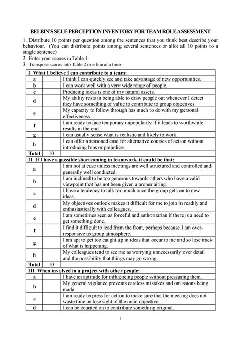 Belbin Test_materials - BELBIN’S SELF-PERCEPTION INVENTORY FOR TEAM ROLE ASSESSMENT Distribute ...