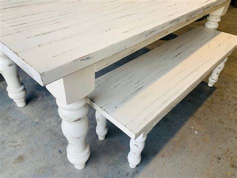 7ft Rustic Farmhouse Table and Bench with Turned Legs, White Distressed ...