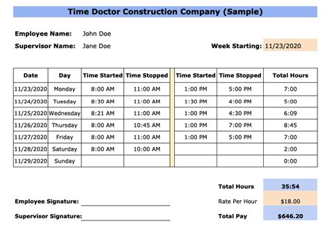 Construction Timesheet Template Excel