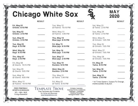 Printable 2020 Chicago White Sox Schedule