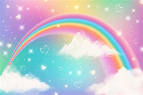 Fondo de unicornio arco iris de fantasía holográfica con nubes. cielo de color pastel. paisaje ...