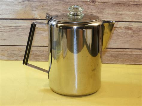 Vintage Percolator Coffee Maker 9 Cup, Silver Stainless Steel Seamless Heavy Gauge Coffee Pot ...