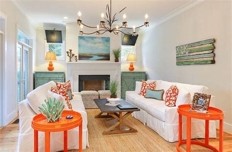 Two trendy colors - Bright coral and light teal in the living room ...