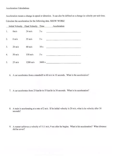 Worksheets On Velocity And Acceleration