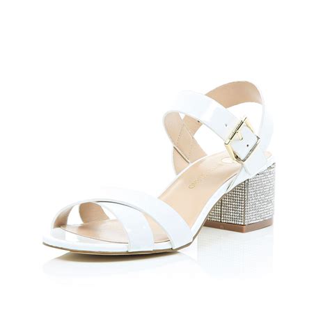 River Island White Rhinestone Block Heel Sandals in White | Lyst