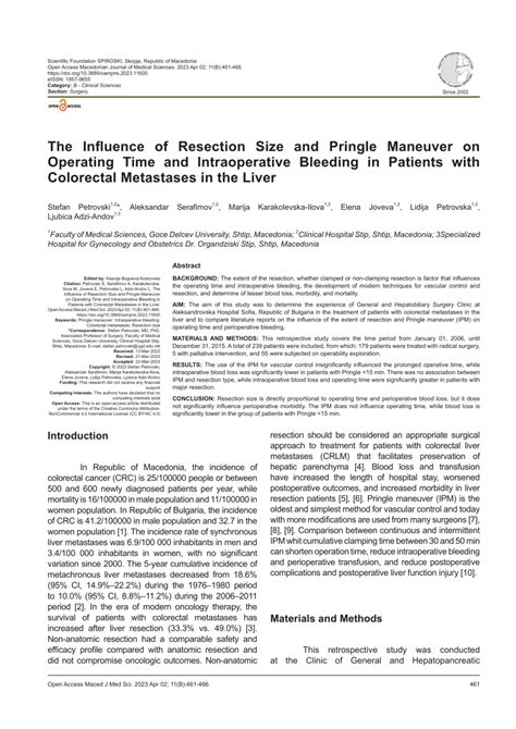 (PDF) The Influence of Resection Size and Pringle Maneuver on Operating Time and Intraoperative ...