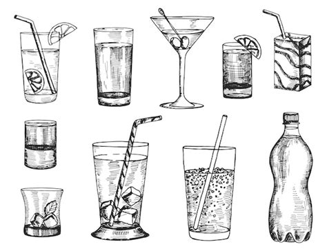 Premium Vector | Drinks and glasses sketch set isolated