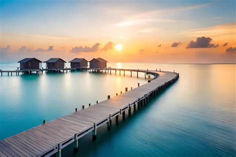 Premium Photo | A wooden pier with a sunset over the water.