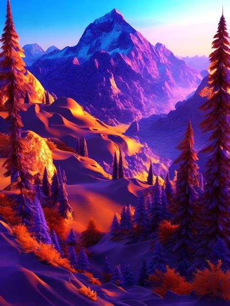 Premium AI Image | MOUNTAIN AND FOREST VIEW WITH A GOLDEN PURPLE SUNSET