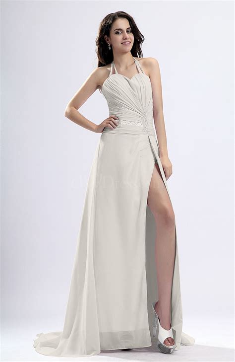 Off White Sexy Sheath Halter Backless Pleated Evening Dresses - UWDress.com