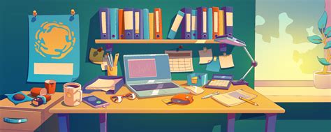 Messy desk with laptop, papers and dirty cups 17125548 Vector Art at Vecteezy