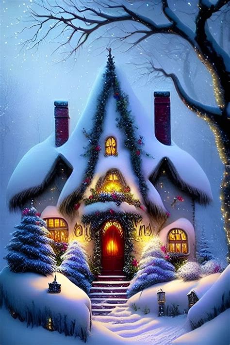 a painting of a house in the snow with christmas lights on it's roof