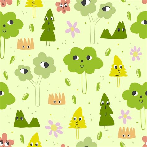 Premium Vector | Seamless kids pattern on green background with cute hand draw tree charactors