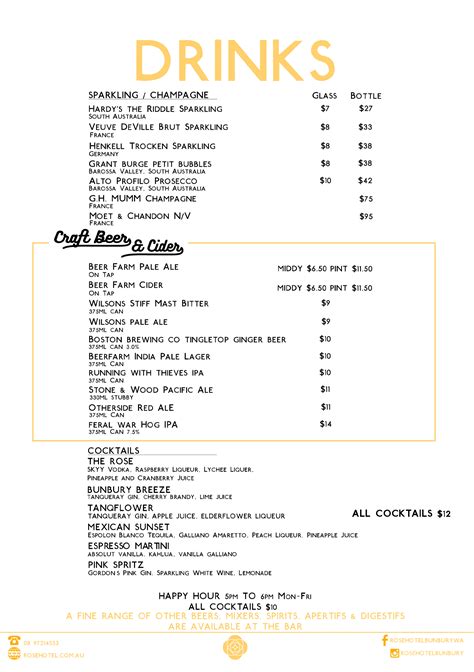 Drinks list at The Rose Hotel - Bunbury Pub — The Rose Hotel & Motel ...