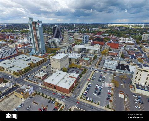 Aerial Downtown Fort Wayne Skyline with Dynamic Clouds Stock Photo - Alamy