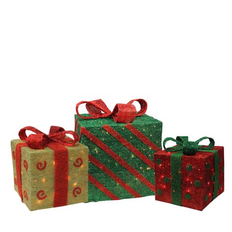 Set of 3 Lighted Sparkling Gold, Green & Red Sisal Gift Boxes Christmas ...