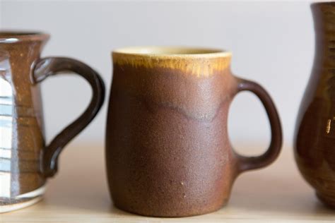 4 Ceramic Handmade Mugs - Brown Studio Pottery - Vintage Mismatched Coffee or Tea Mugs