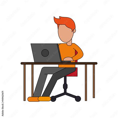 color image cartoon faceless man sitting in desk with laptop computer ...