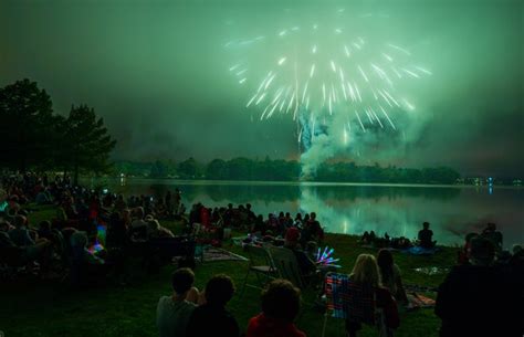 Fourth of July with a fireworks display over Lake Quannapowitt