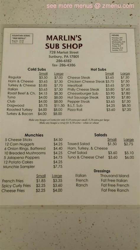 Online Menu of Marlin's Sub Shop Restaurant, Sunbury, Pennsylvania, 17801 - Zmenu