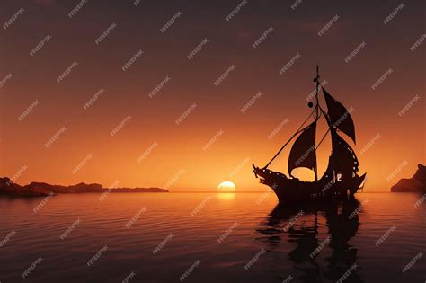 Premium Photo | Pirate ship at sea during sunset