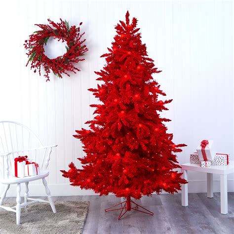 7' Red Flocked Fraser Fir Artificial Christmas Tree with 500 Red Lights ...