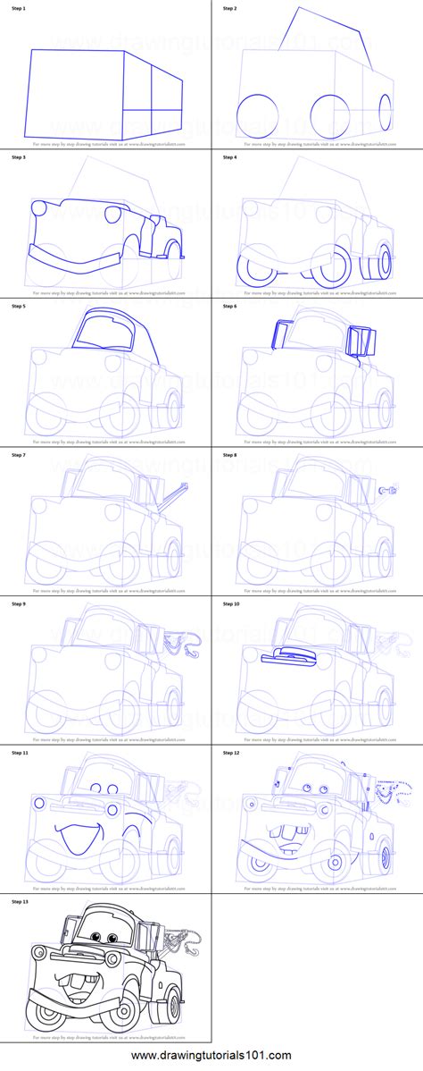 How to Draw Tow Mater from Cars printable step by step drawing sheet ...