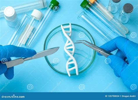 DNA Helix Research. Concept of Genetic Experiments on Human Biological Code. Medical Instrument ...