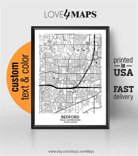 Bedford Texas Map Bedford City Print Bedford Poster | Etsy