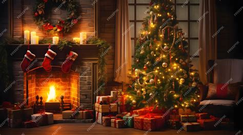 Premium AI Image | Cozy Christmas Scene Fireplace with Festive Tree and Presents Perfect for Hol